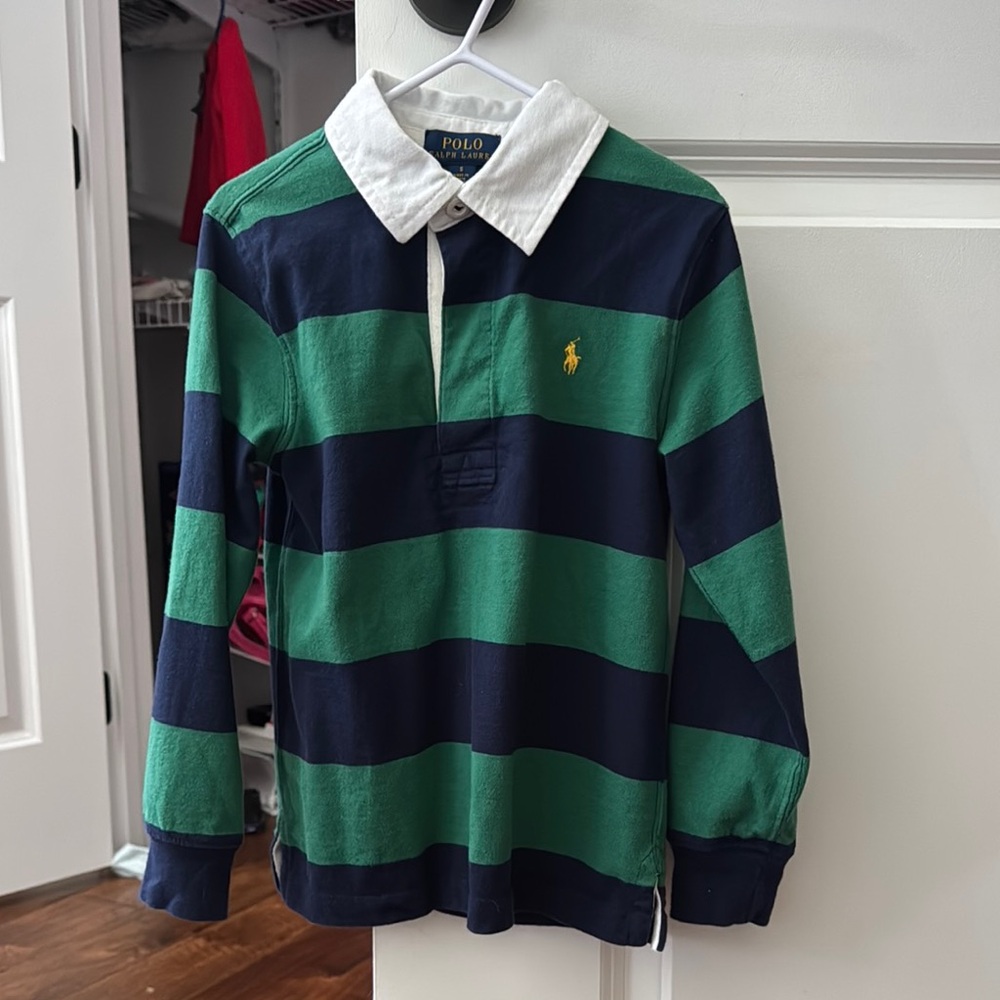 Polo by Ralph Lauren Green & Navy Striped Rugby Shirt with White Collar